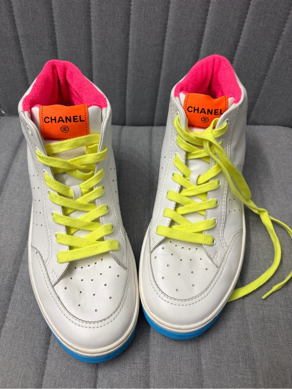 CHANEL White Leather High-Top Sneakers with Neon Yellow Laces and Pink Lining